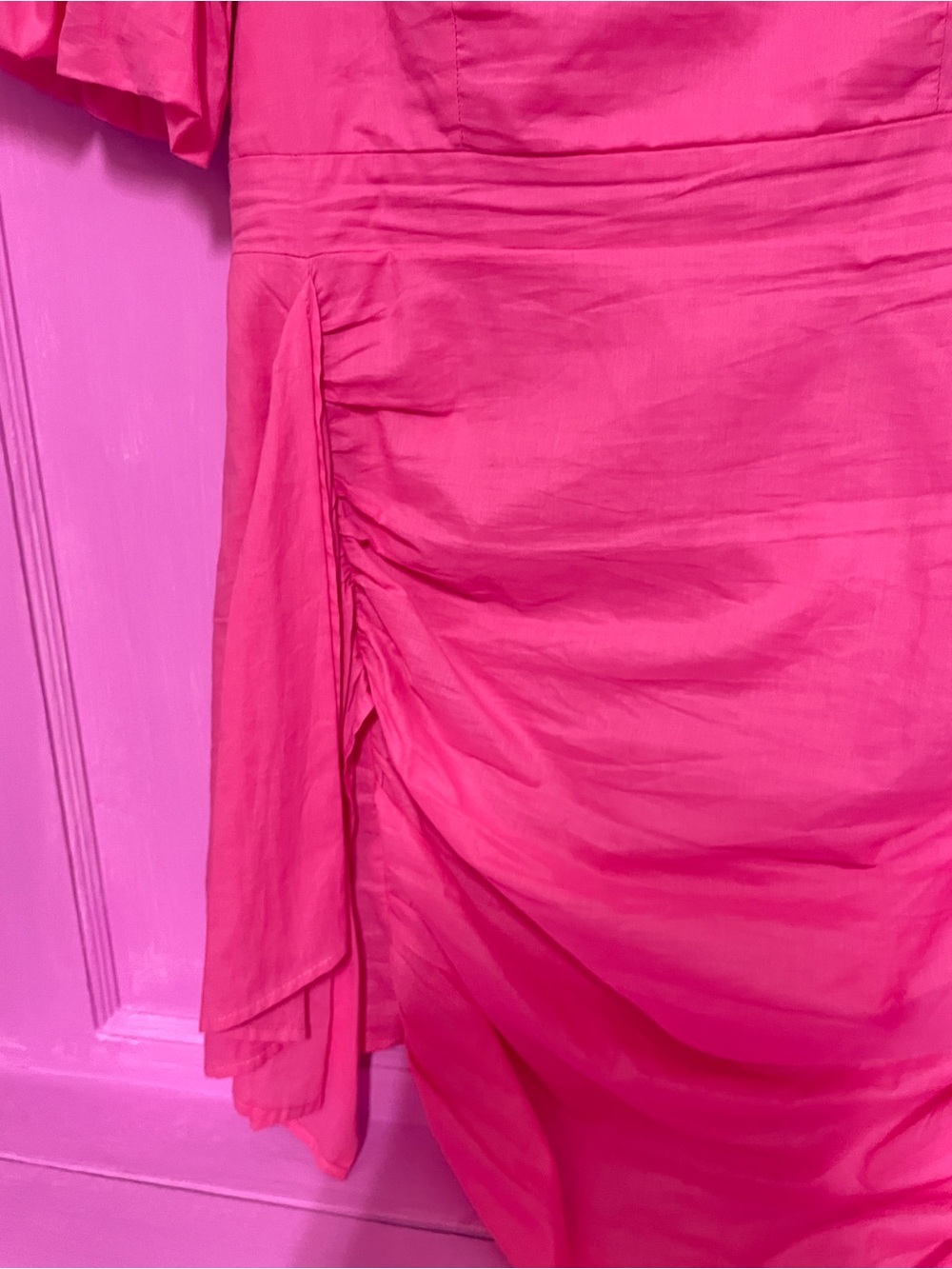 Women's Hot Pink Short Sleeve Ruched Dress - Picture 3 of 5